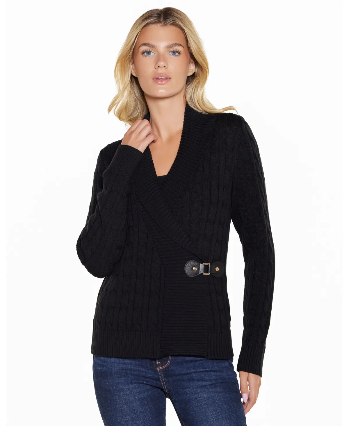 Cable-Knit Shawl-Collar Wrap Cardigan by Belldini