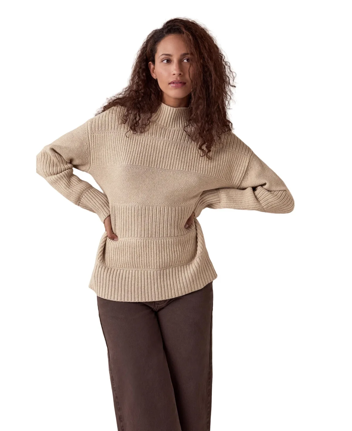 Multi-Stitch Striped Funnel Neck Oversized Sweater
