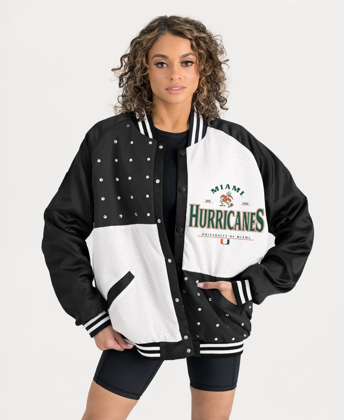 Miami Hurricanes Oversized Inner Drive Varsity Rhinestone Full-Snap Bomber Jacket by Gameday Couture