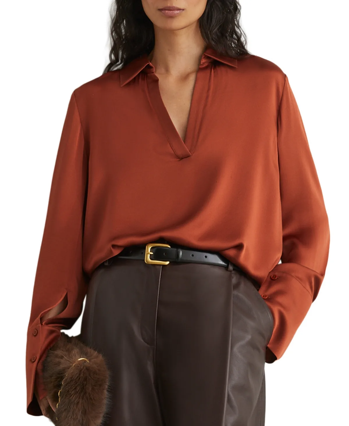 Marina Long-Sleeve Satin Collared Blouse by Reiss