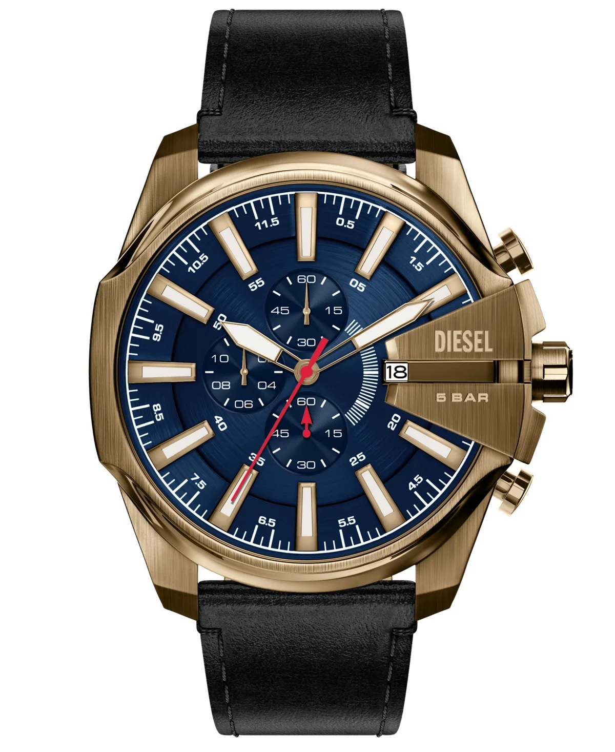 Mega Chief Slim Chronograph Blue Dial Black Leather Watch 48mm by Diesel
