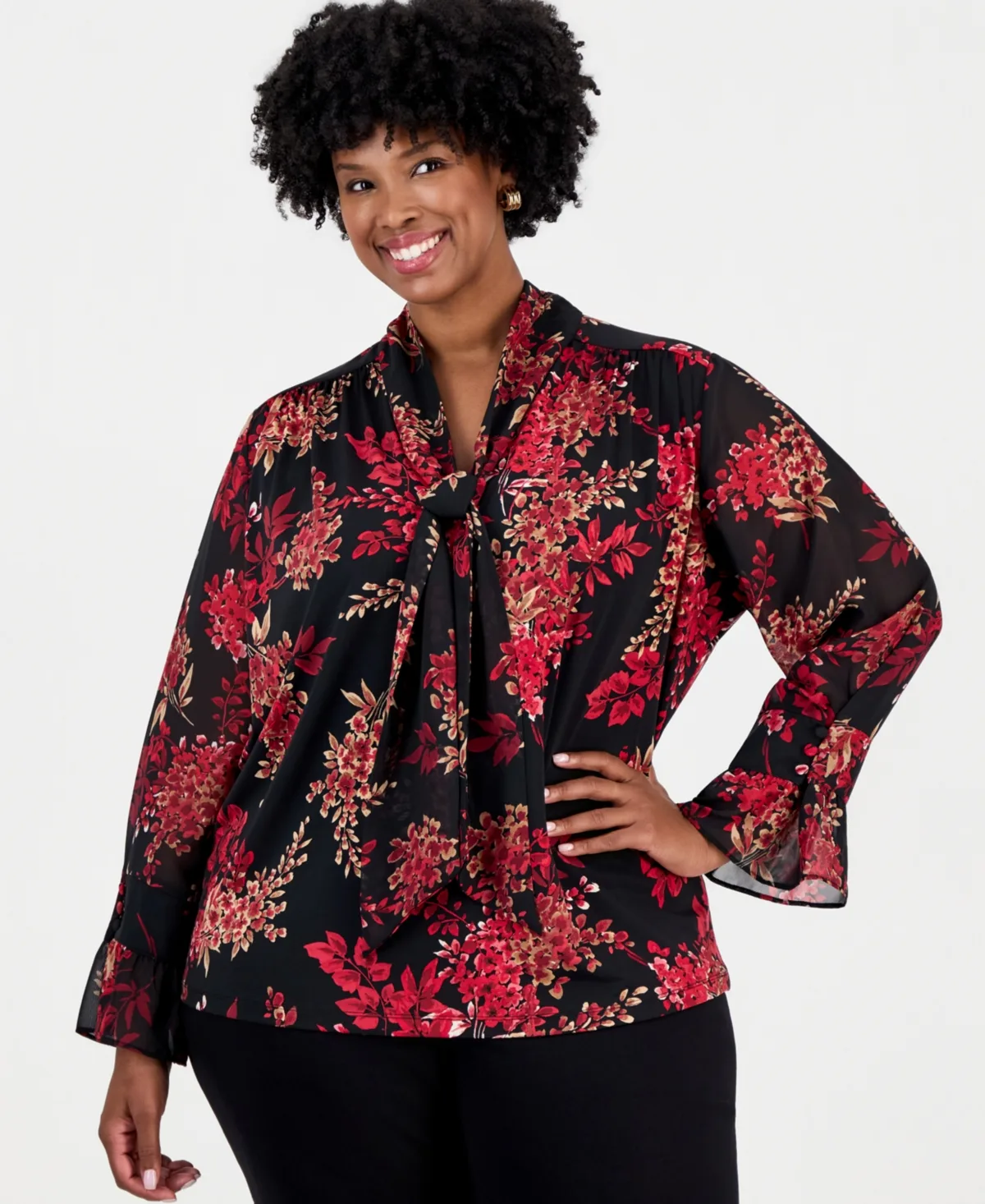 Long Sleeve Floral V-Neck Blouse by Anne Klein