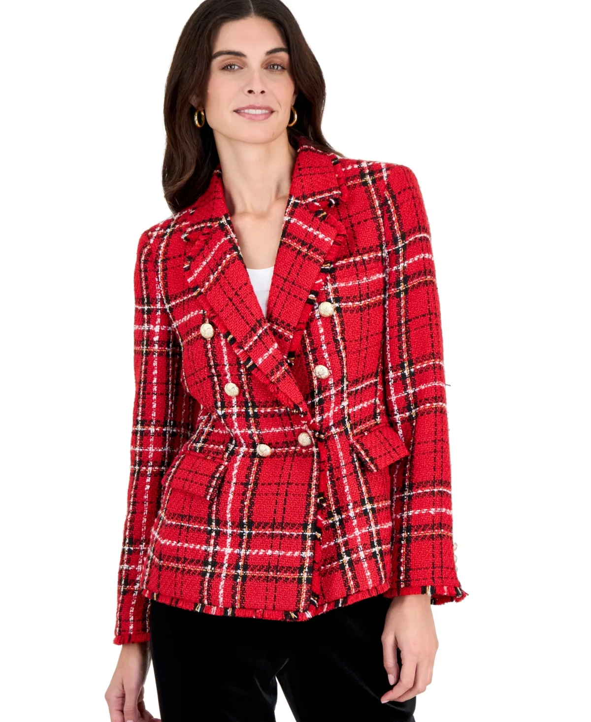 Double-Breasted Plaid Boucle Blazer