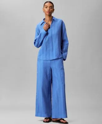 Long Sleeve Classic Fit Open Collared Shirt Wide Leg Mid Rise Pants by Calvin Klein