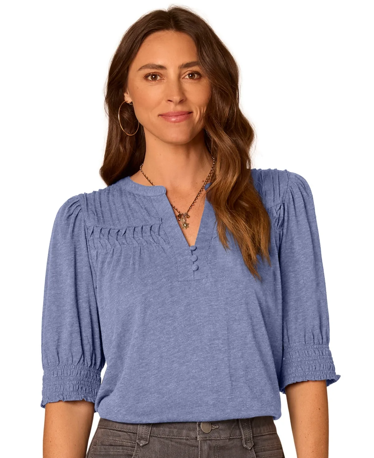 Blouson-Sleeve Mandarin Collar Knit Top by Democracy