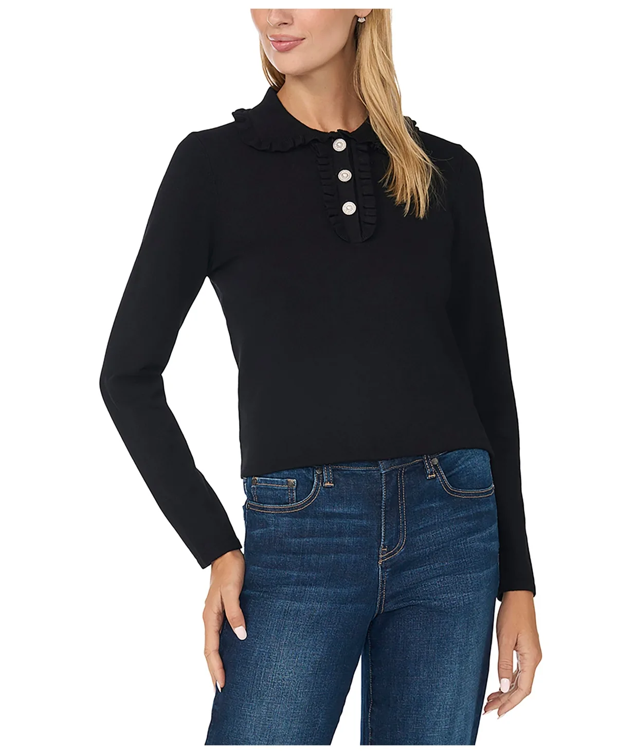 Ruffle Collar Long-Sleeve Fitted Sweater by CeCe