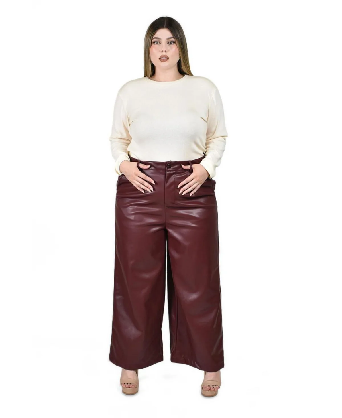 Vinyl Wide Leg Trousers by Roman Fashion
