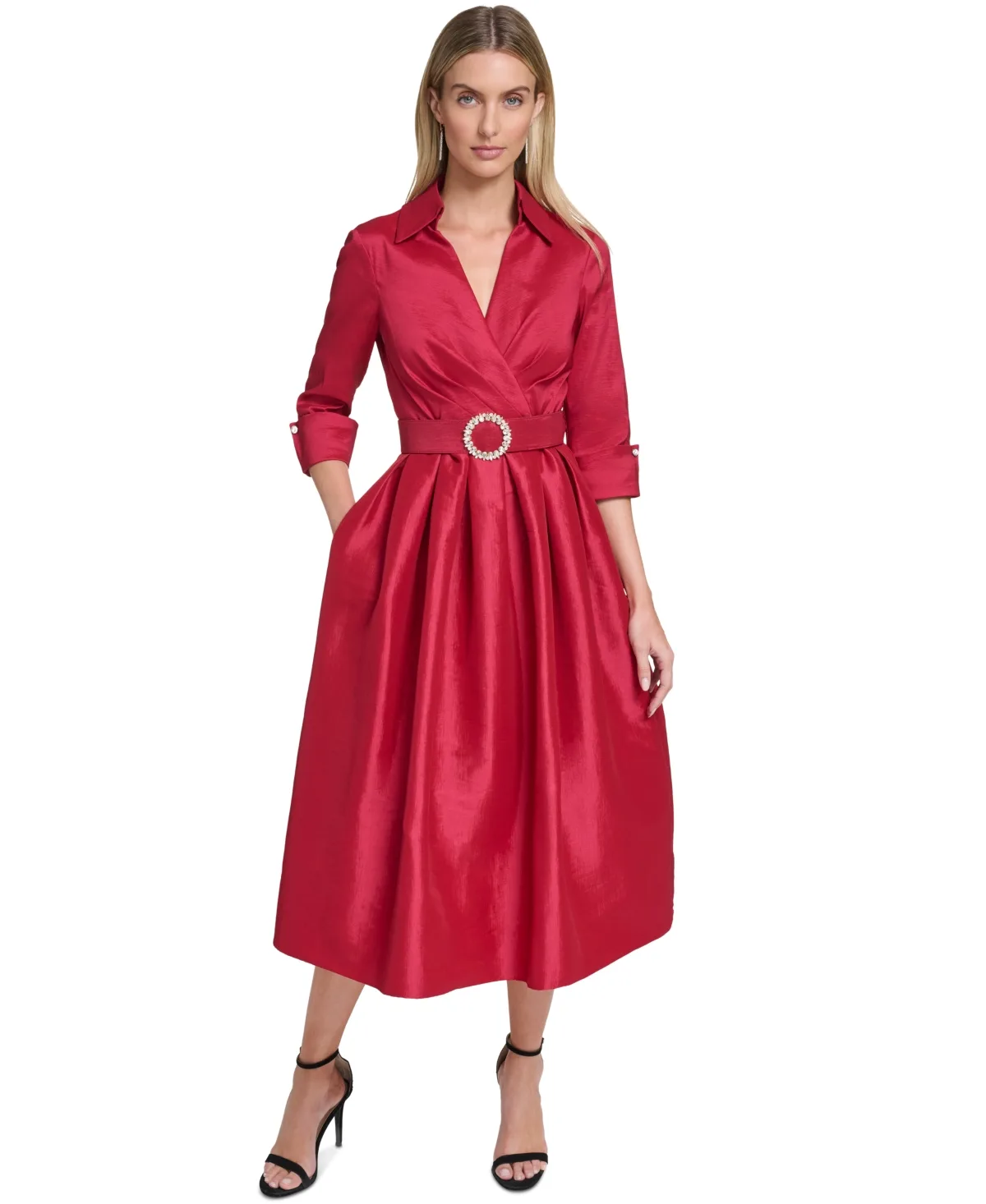 Satin V-Neck 3/4 Sleeve Dress by Jessica Howard