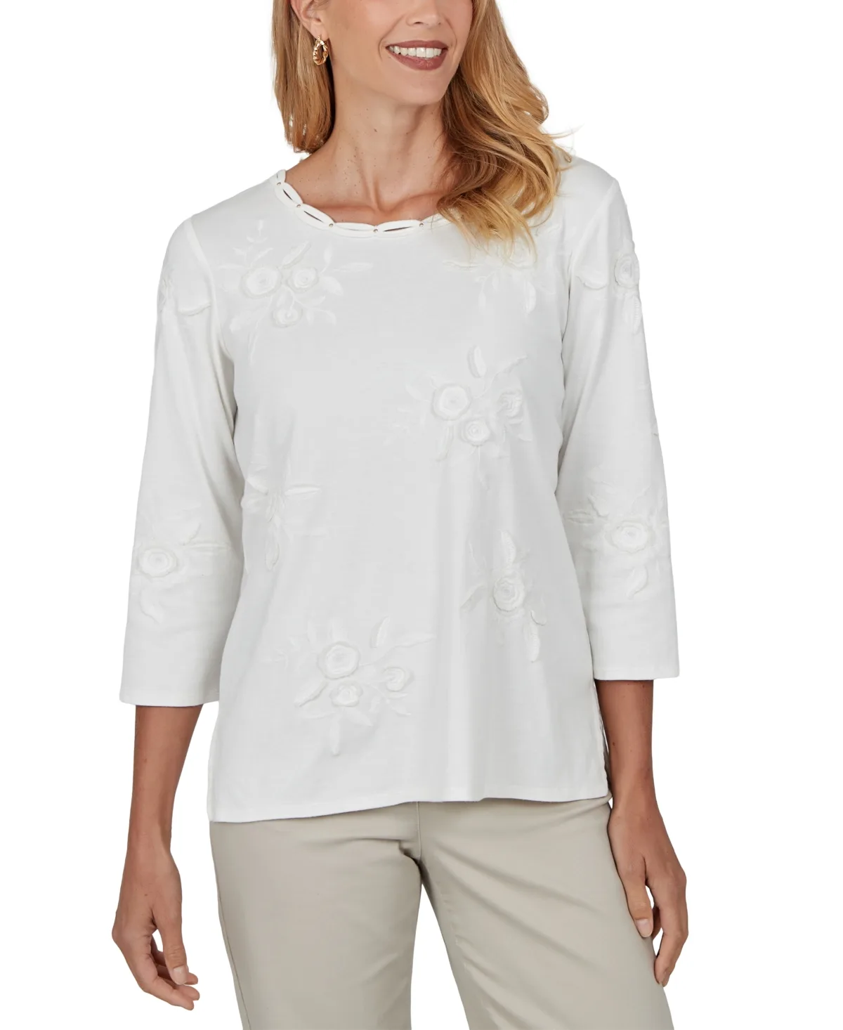 Floral-Embroidered 3/4-Sleeve Crewneck Top