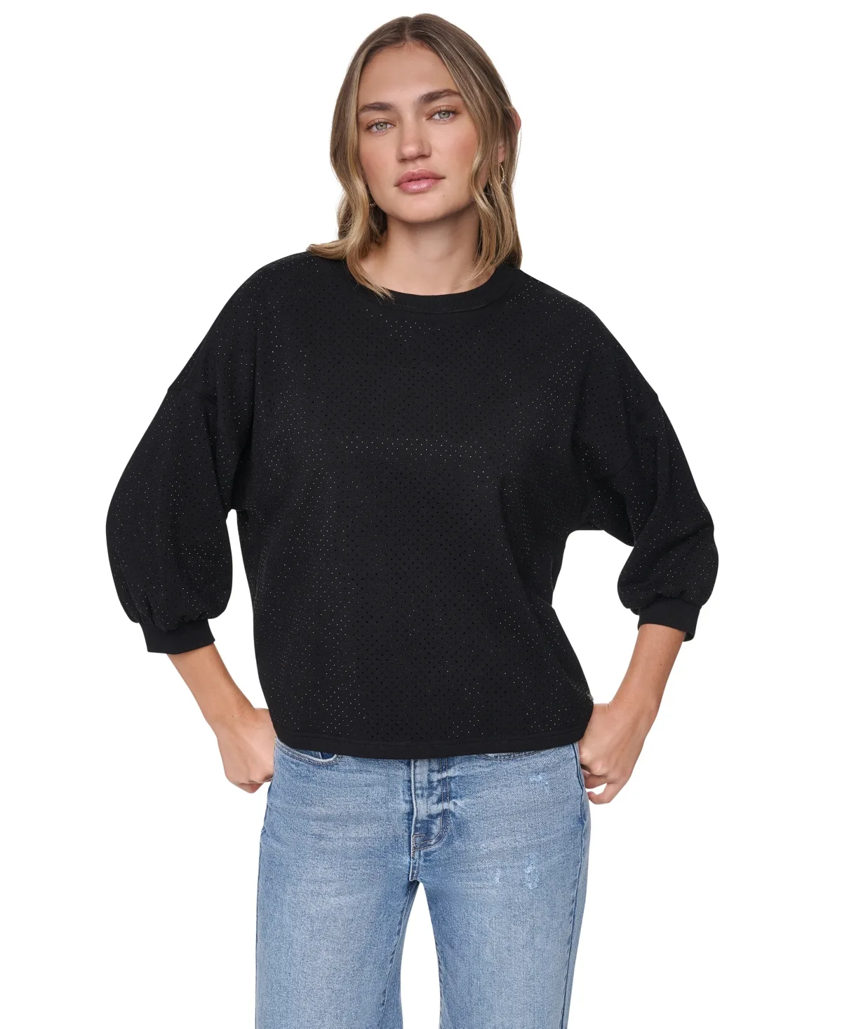 Rhinestone 3/4-Sleeve Crewneck T-Shirt by DKNY