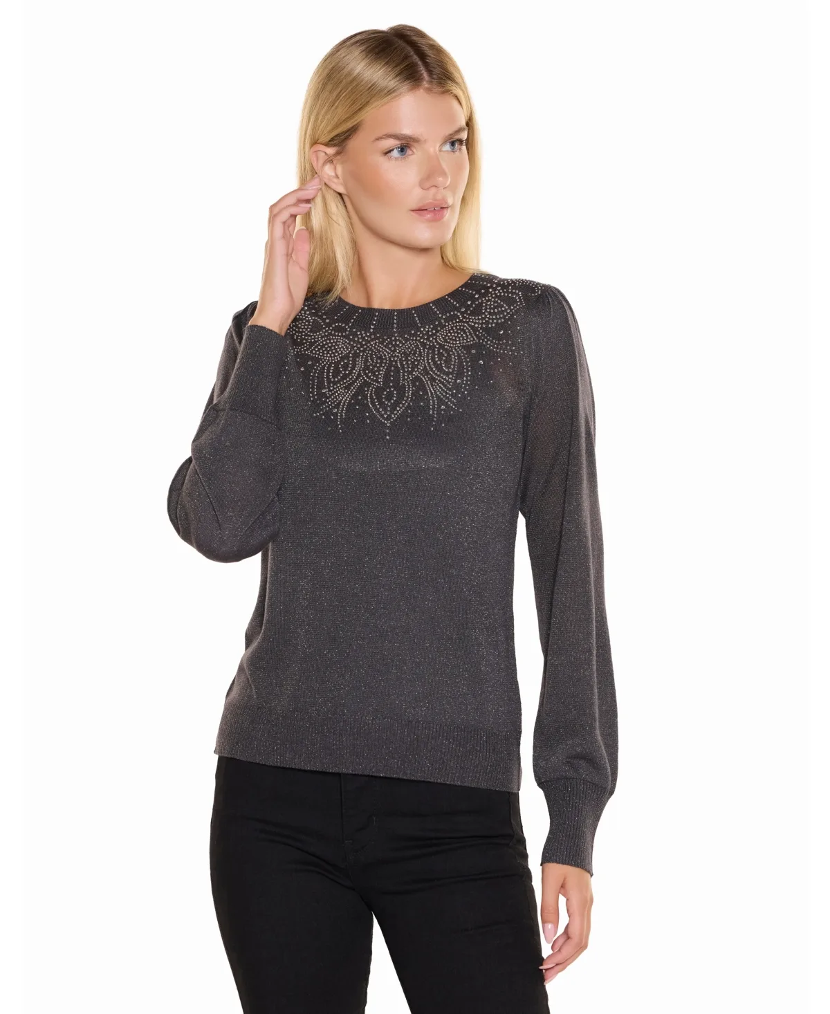 Rhinestone-Embellished Long-Sleeve Crewneck Sweater