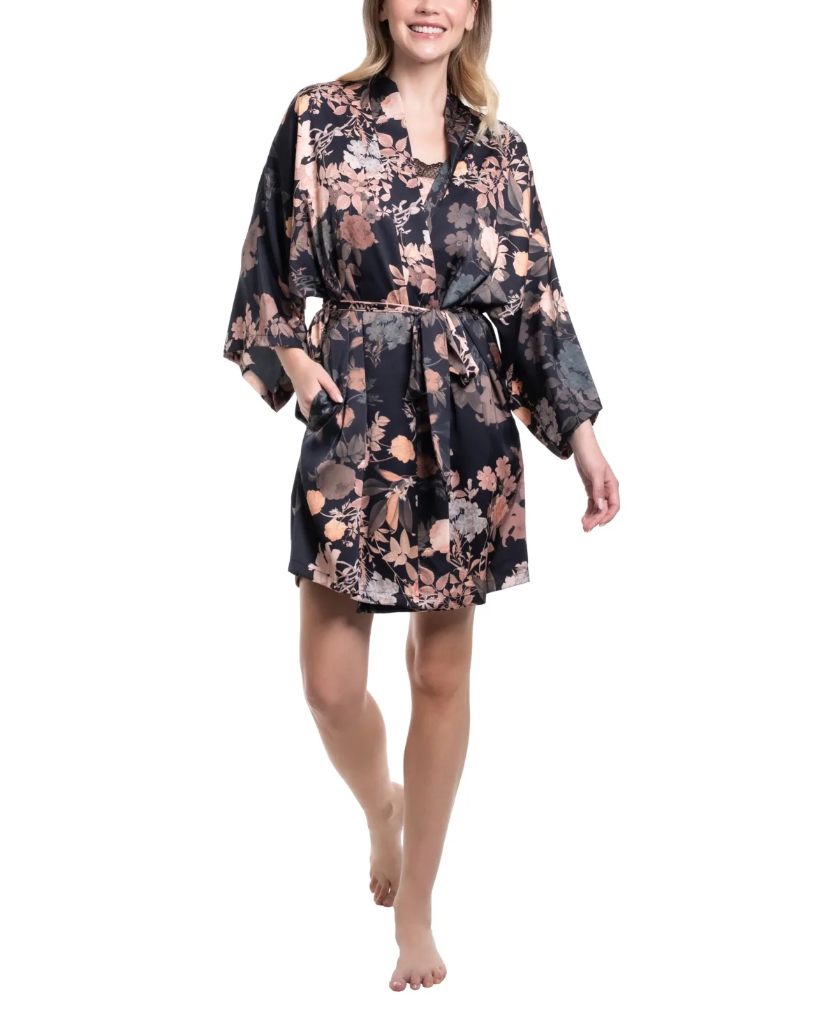 Saorise Satin Floral Kimono Robe by Midnight Bakery