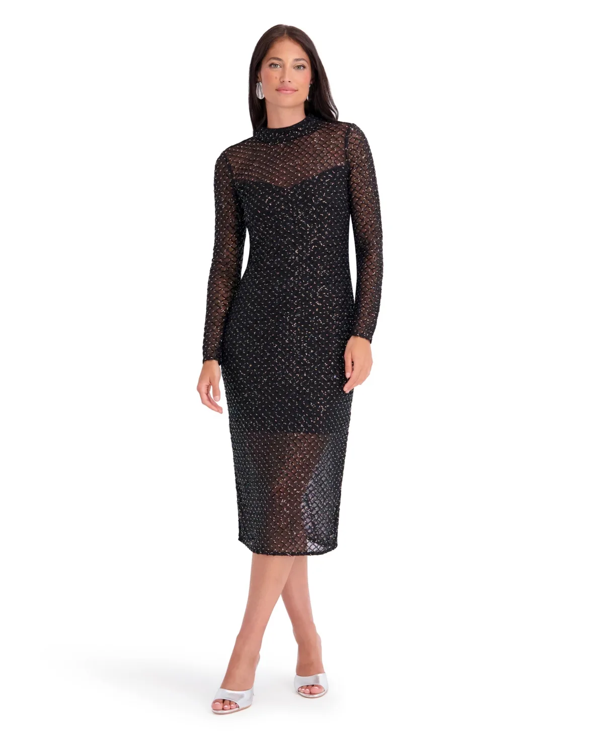 Sequin Mesh Fitted Mock Neck Midi Dress by Siena