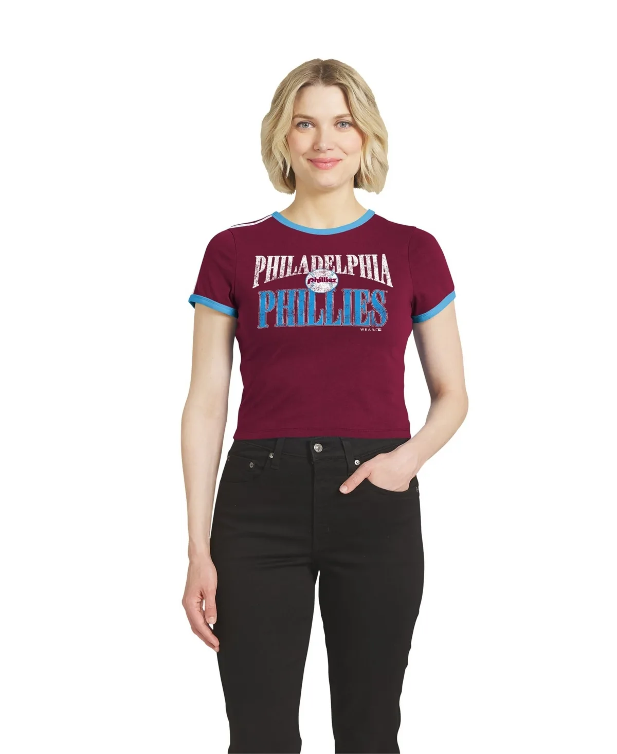Philadelphia Phillies Cropped Throwback Ringer Baby T-Shirt by Wear by Erin Andrews