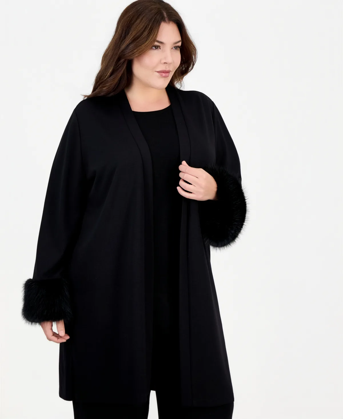 Long Sleeve Open Front Faux Fur Trim Cardigan by Anne Klein