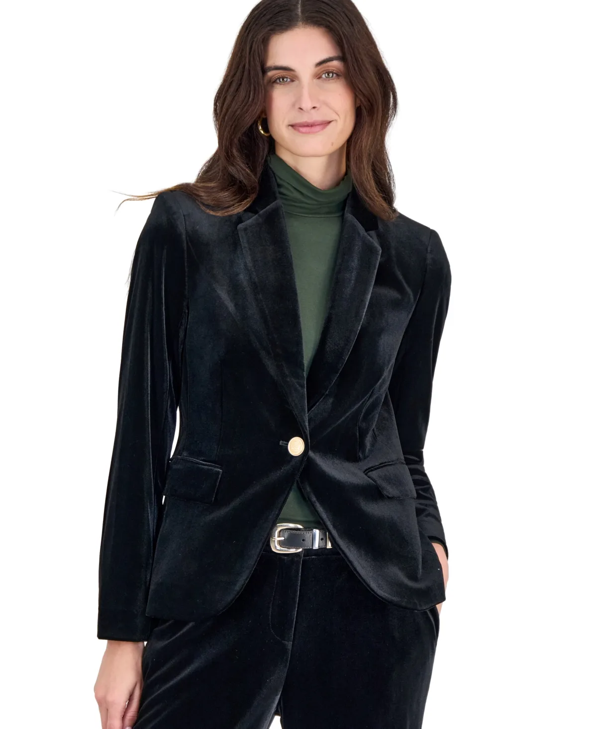 Velvet Long-Sleeve Shoulder-Padded Blazer