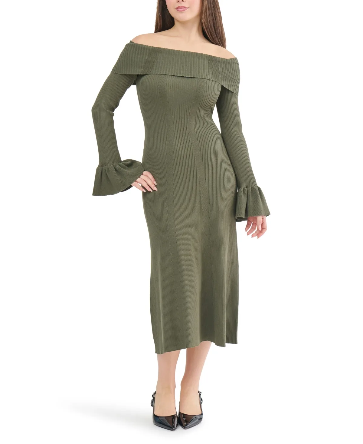 Off-the-Shoulder Fitted Flounced-Sleeve Midi Dress by Dylan Ryan