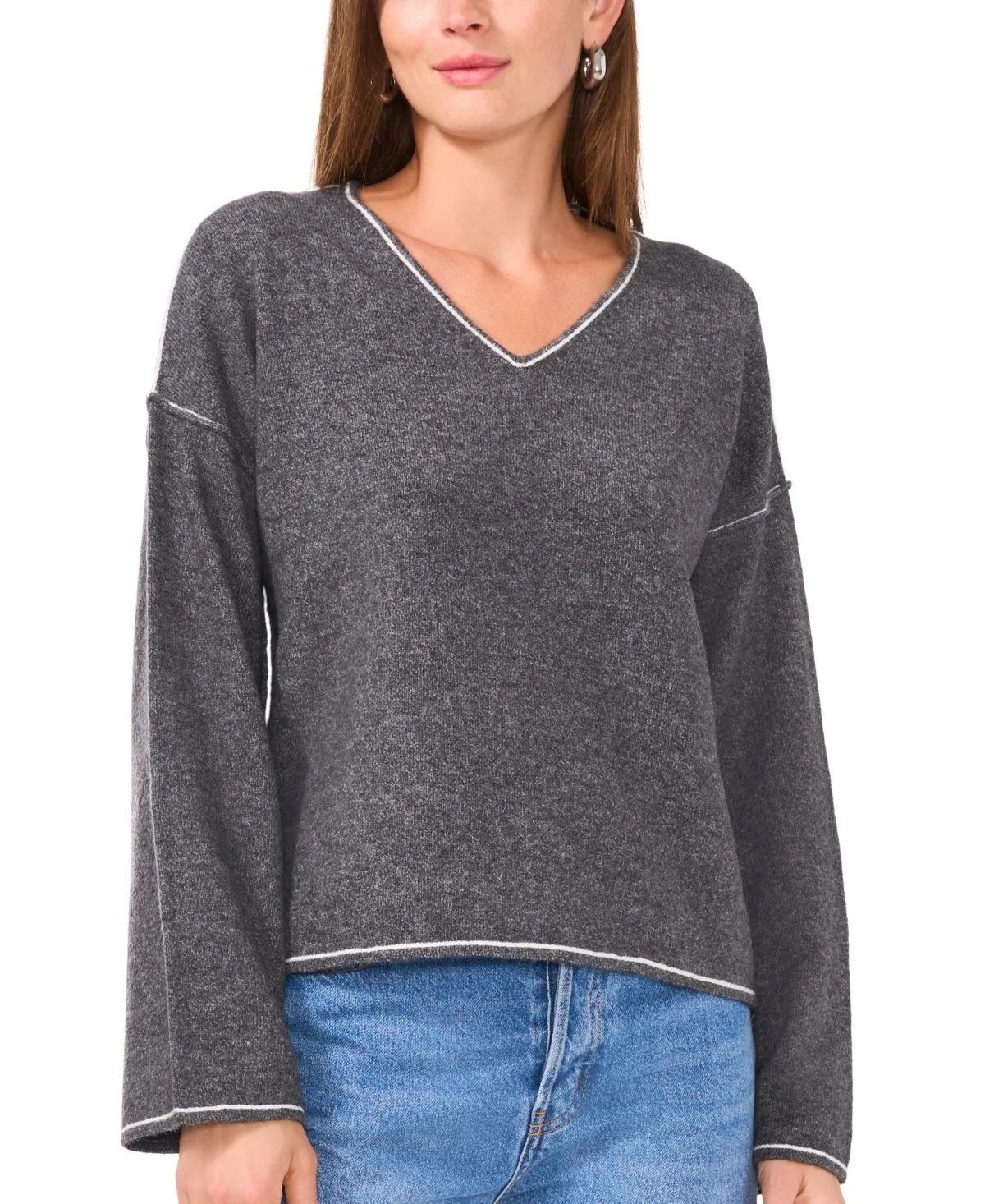 V-Neck with Contrast Crochet Sweater
