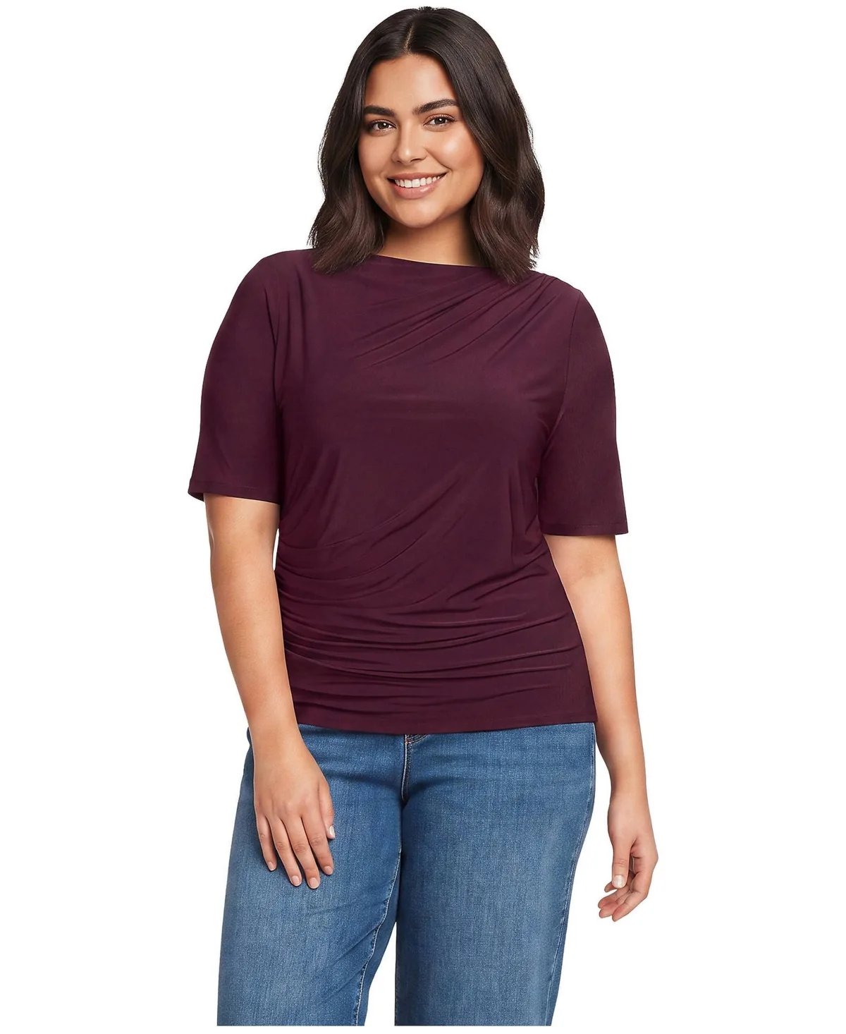 Elbow Sleeve Silky Knit Ruched Top by Lands' End
