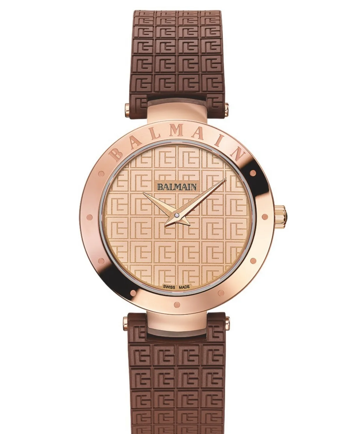 Swiss Quartz Balmainia Bijou Sapphire Crystal Brown Rubber Watch 33mm by Balmain