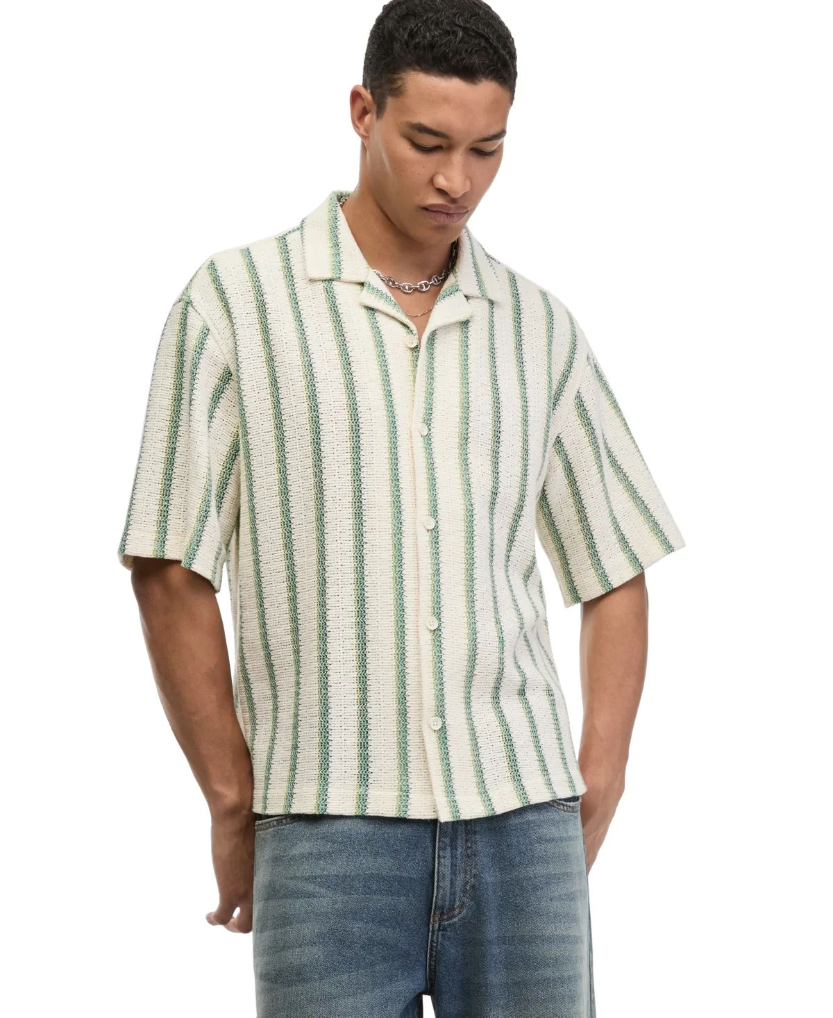 Camp Collar Stripe Crochet Short-Sleeve Shirt