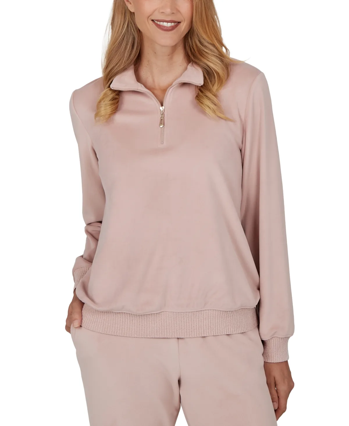 Quarter-Zip Ribbed-Knit Long-Sleeve Pullover Top by Alfred Dunner