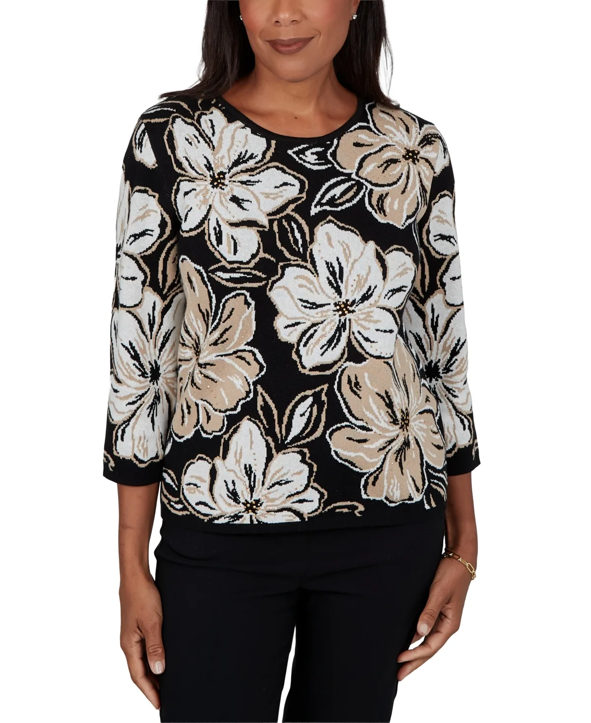 Floral-Print 3/4-Sleeve Crewneck Sweater