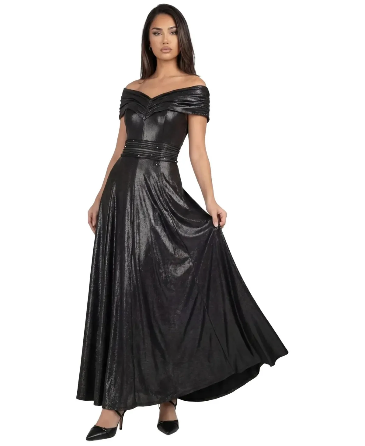 Iris Off-Shoulder Crystal-Set Waist Floor-Length Evening Gown