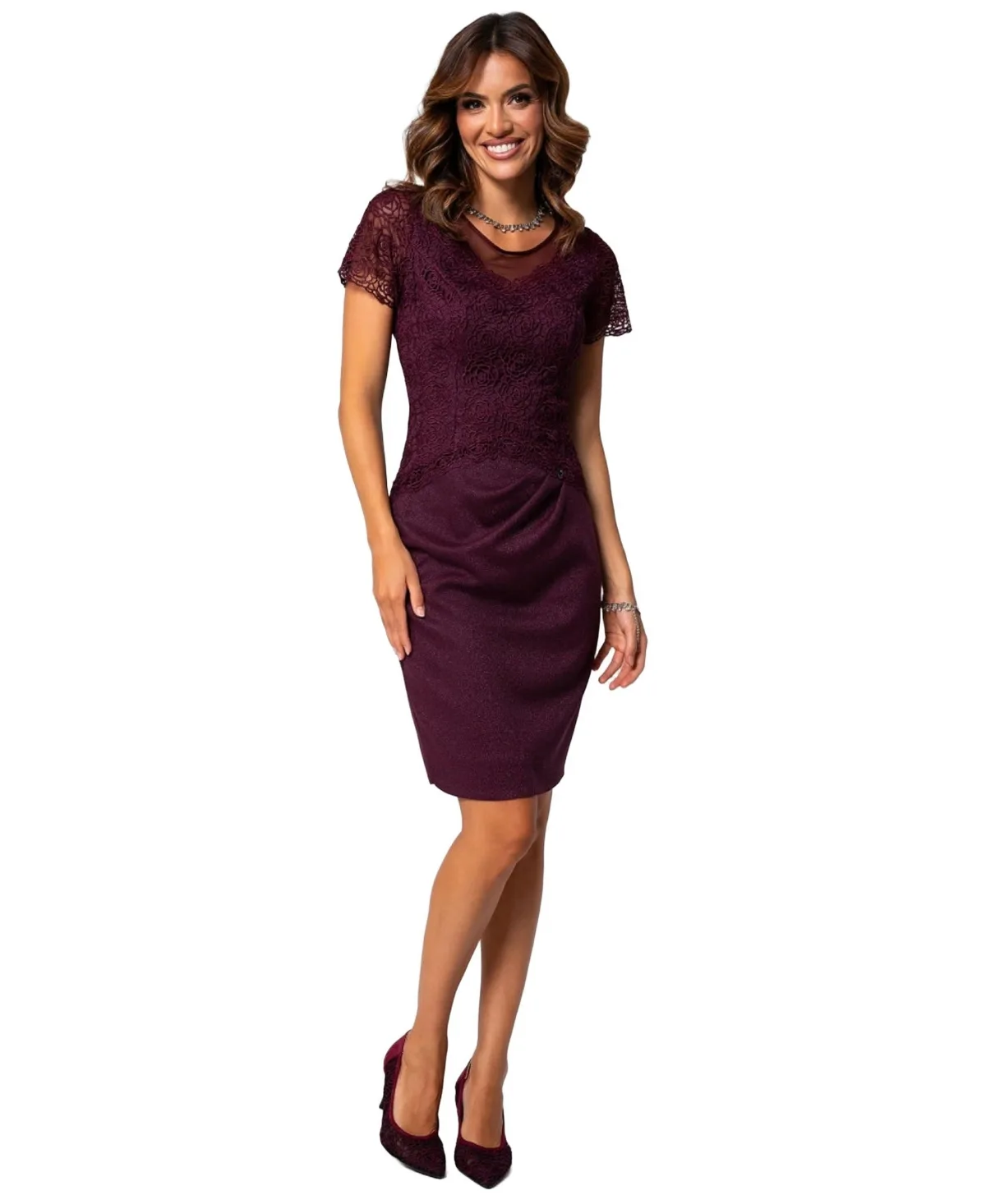 Jody Lace Cocktail Illusion Yoke Short-Sleeve Sheath Dress