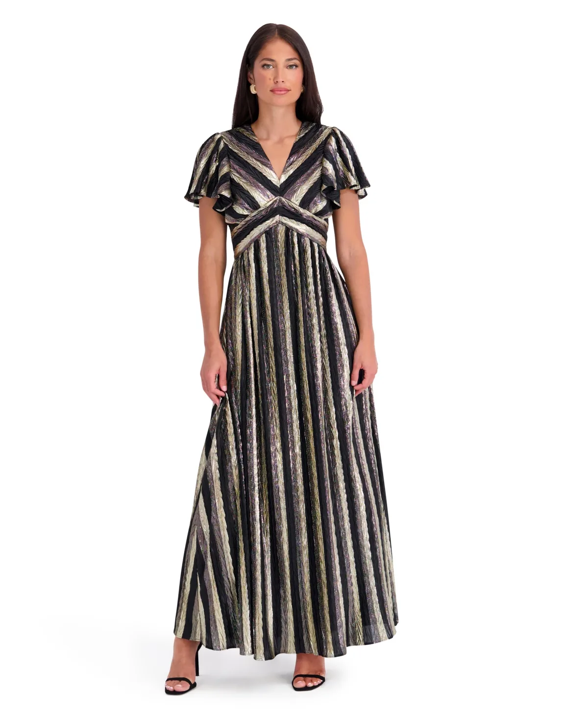 Crinkled Foil Woven Wedding Guest V-Neck Maxi Dress by Kensie