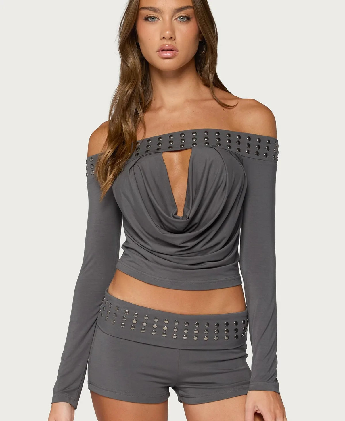 Amy Off-the-Shoulder Cowl Neck Long Sleeve Studded Crop Top by Edikted