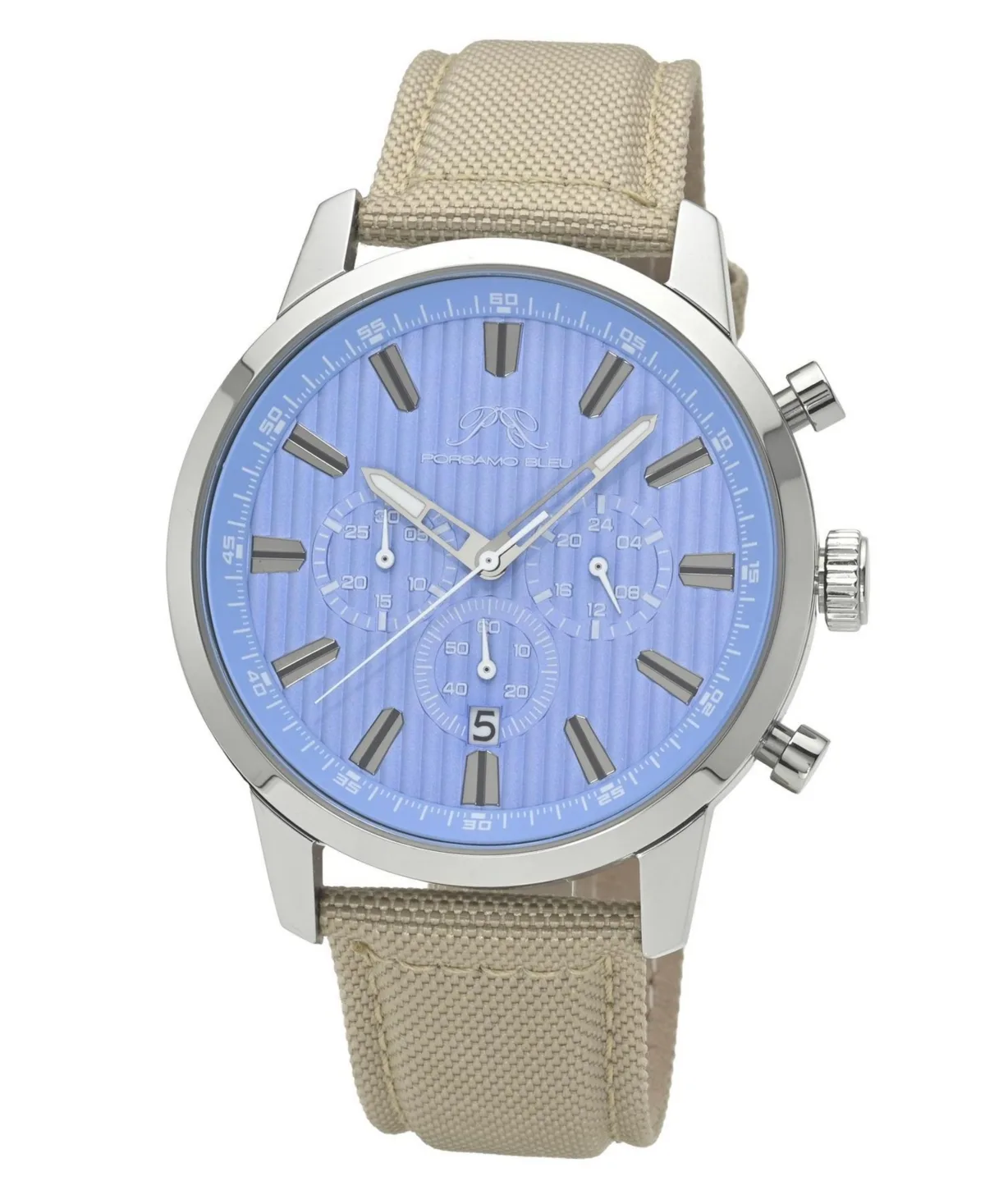 Ryder Chronograph Beige Canvas Band Silver Tone Turquoise Dial Watch 44 mm by Porsamo Bleu