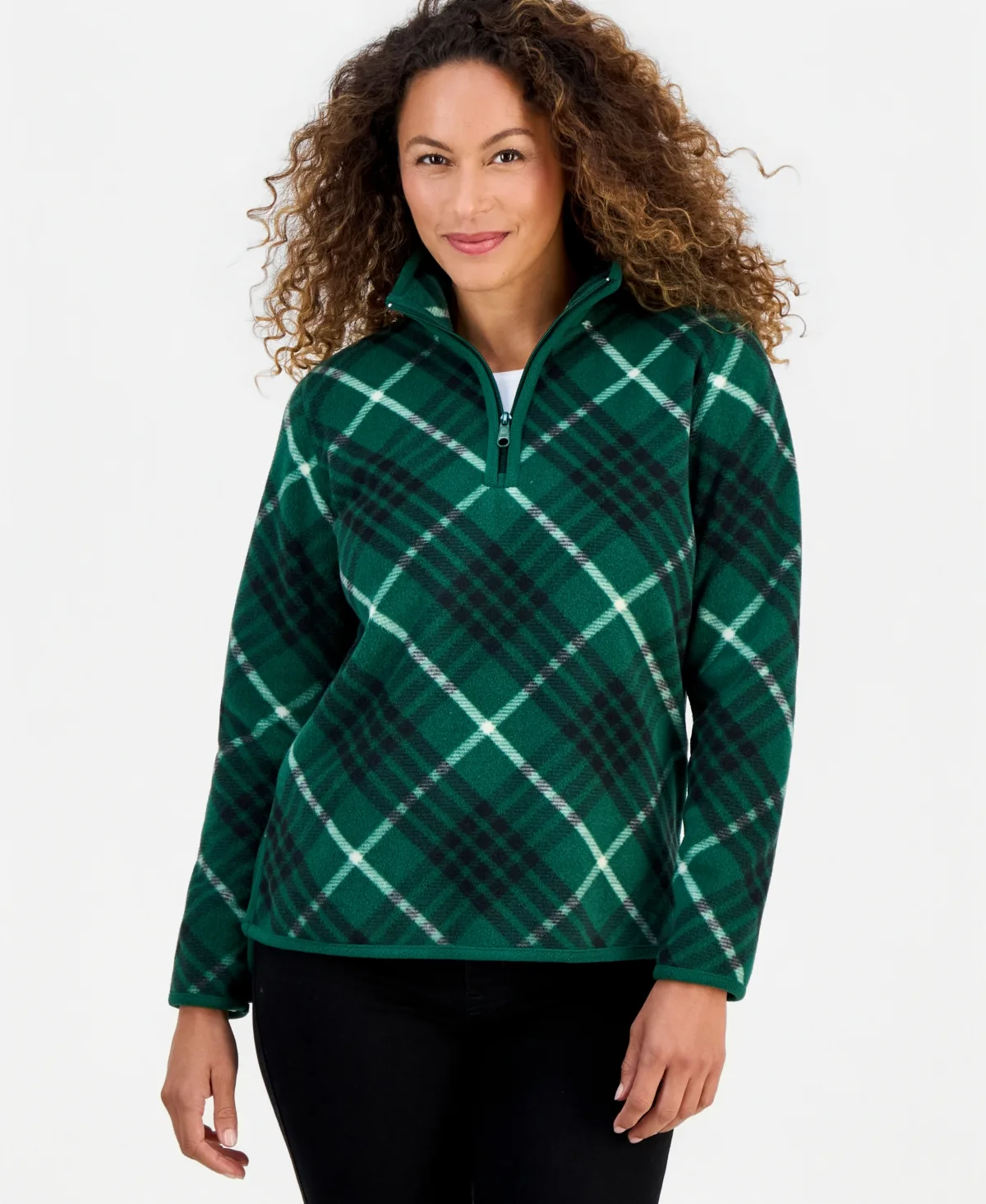 Quarter-Zip Polar Fleece Tunic Plaid Pullover
