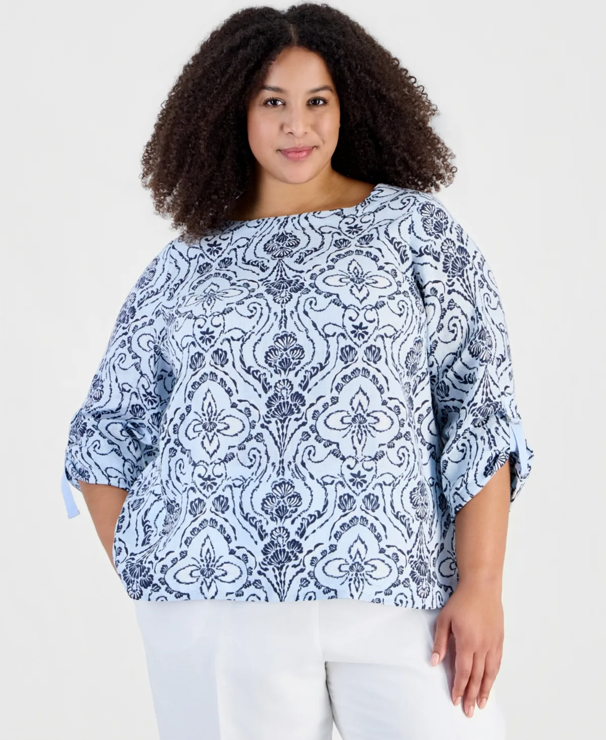 Printed Boat Neck 3/4-Sleeve Linen Blouse by Charter Club