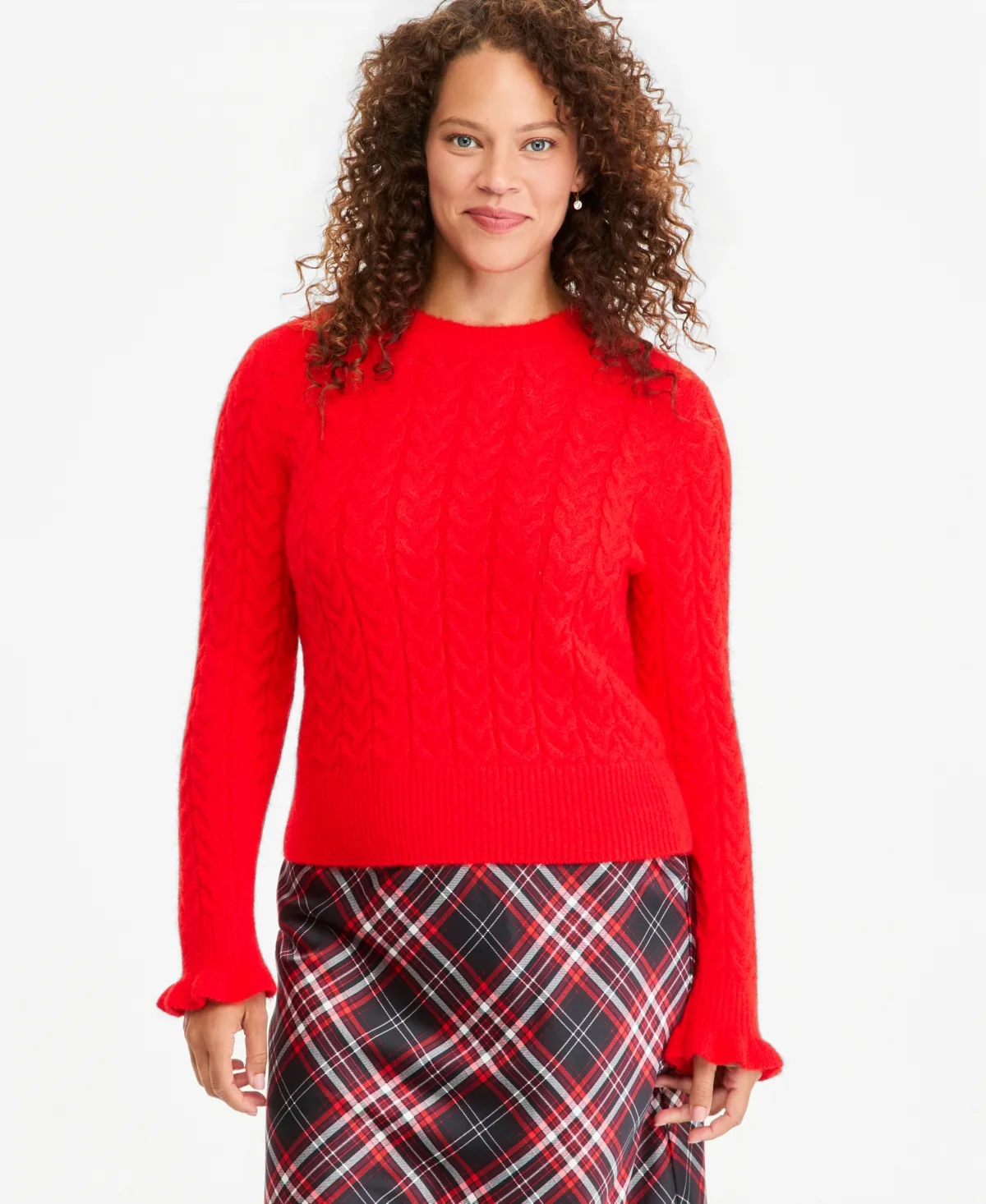 Cable-Knit Crewneck Ruffle Trim Sweater