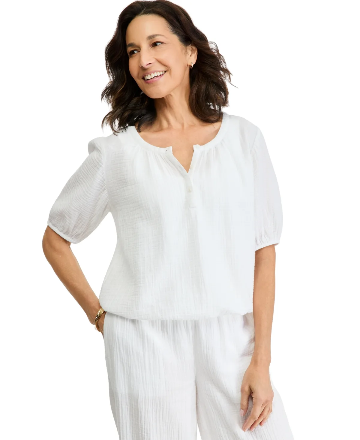 Cotton Gauze Henley Bubble-Hem Top by Style & Co
