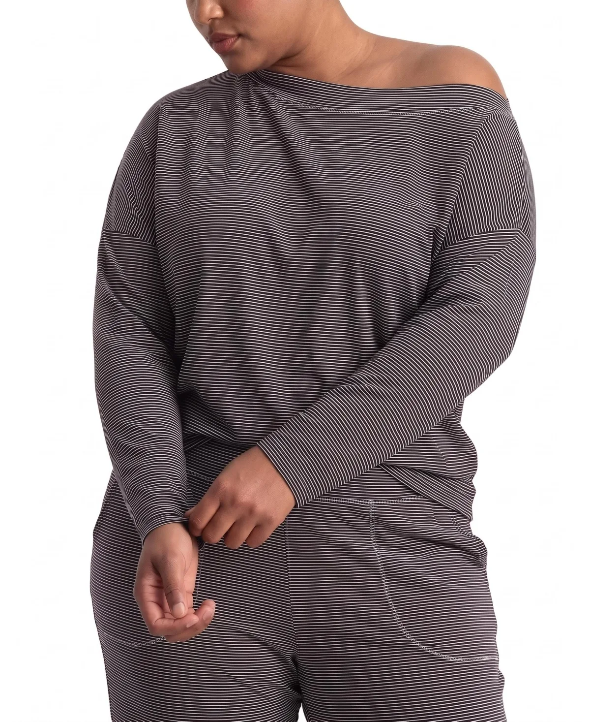 Ultimates Dolci Off-the-Shoulder Long-Sleeve Lounge Top - Fine Stripe in Navy/White by Universal Standard