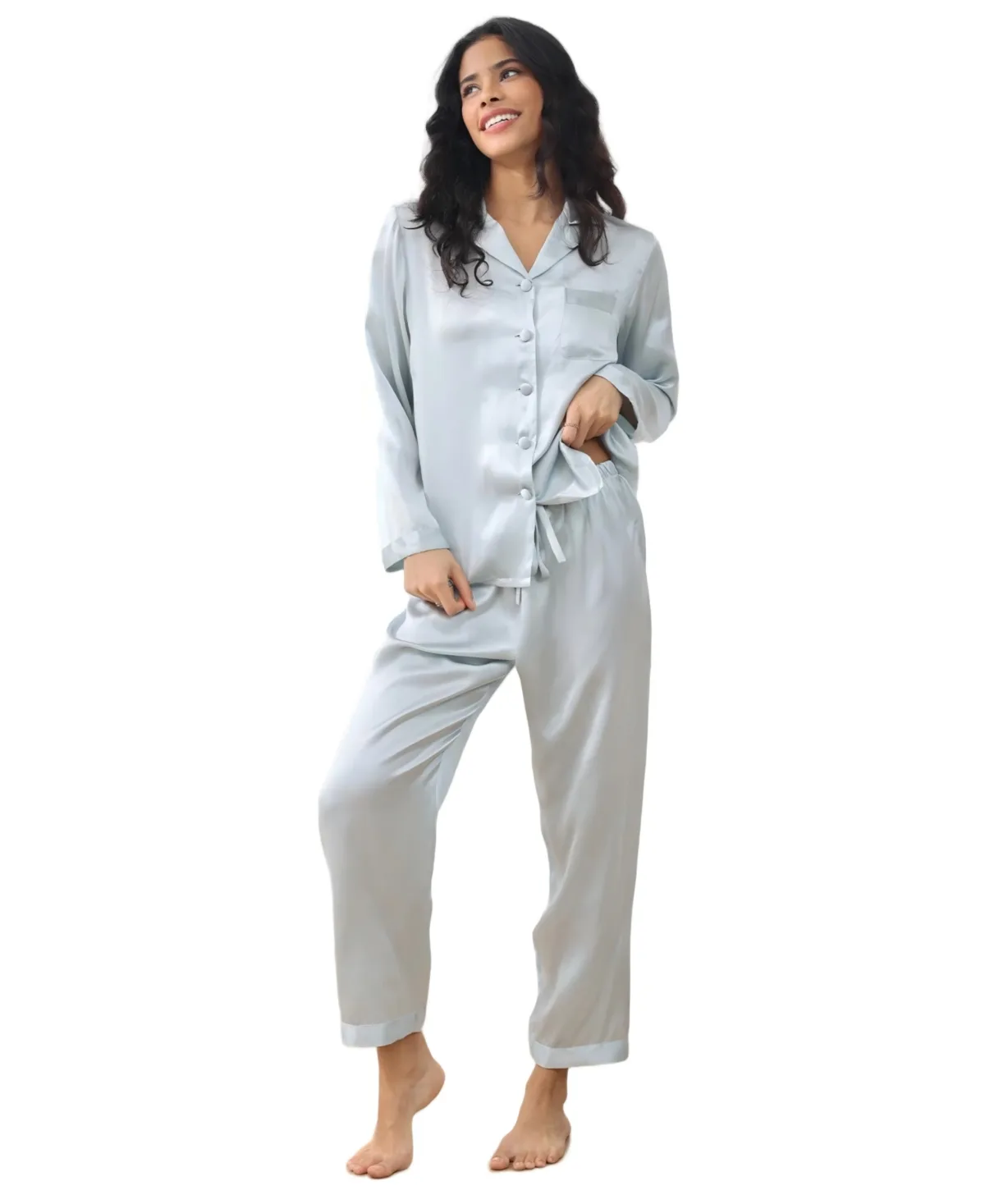 Long Sleeve Button-Up Satin Pajama Set