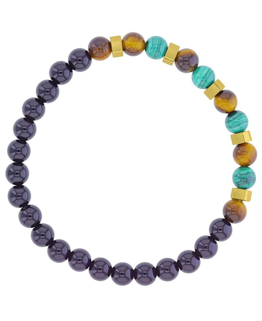 18k Yellow Gold-Plated Onyx Tiger Eye Malachite Stretch Bracelet by Quiksilver