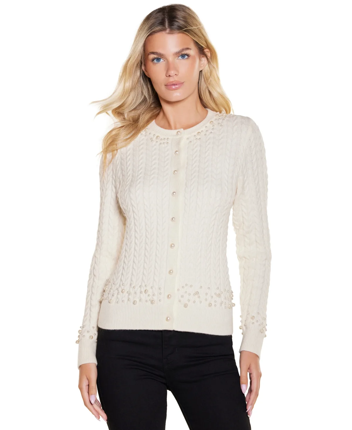 Cable-Knit Pearlized-Embellished Cardigan by Belldini