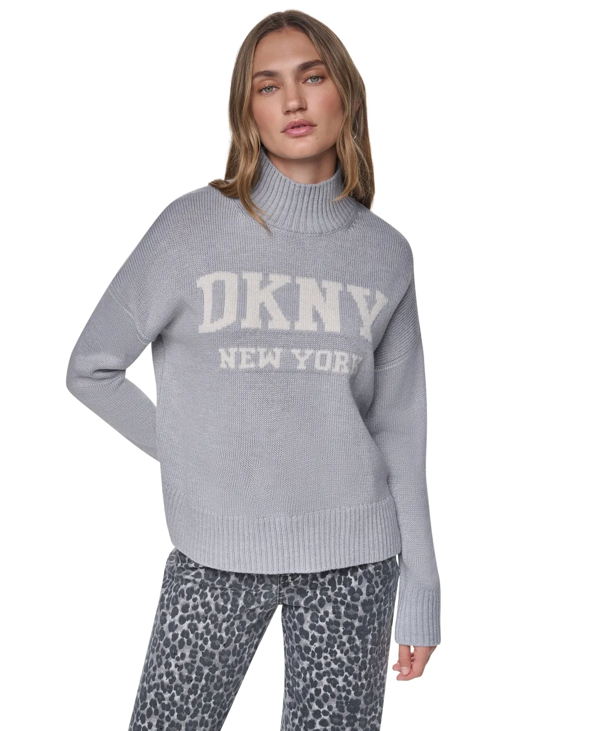 All Over Lurex Intarsia Mock Neck Long-Sleeve Pullover Sweater by DKNY