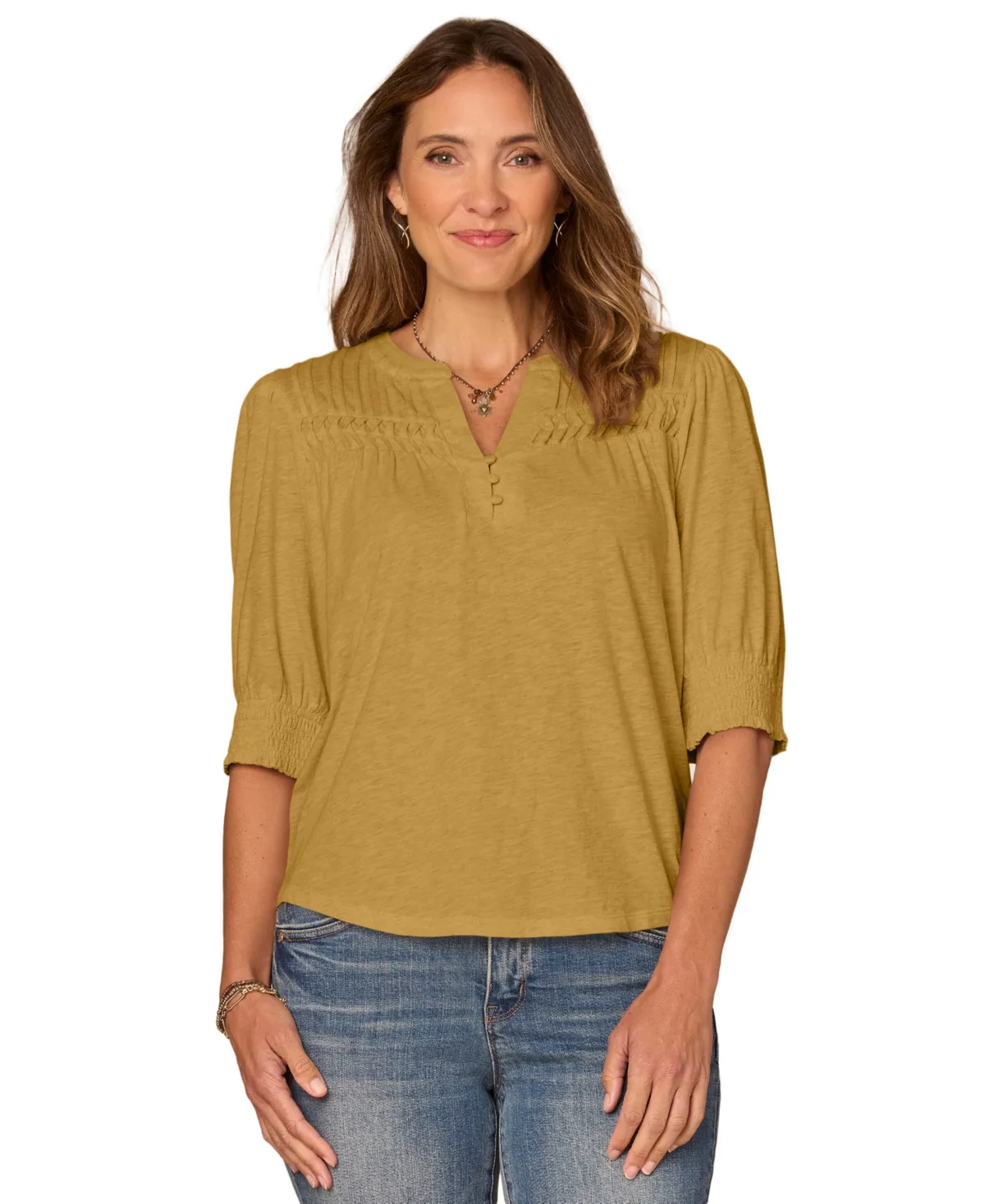 Blouson-Sleeve Mandarin Collar Knit Top by Democracy