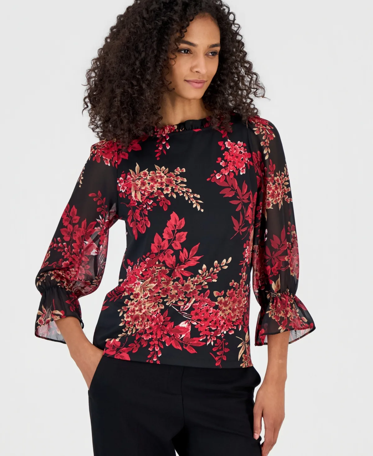 3/4-Sleeve Puff Floral-Print Ruffle Neck Blouse