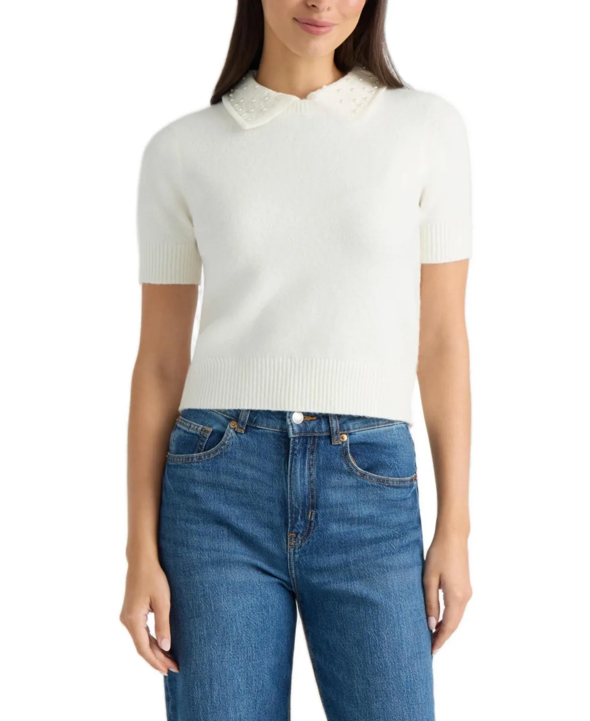 Crochet Sweater with Pearl Detail by Ellen Tracy