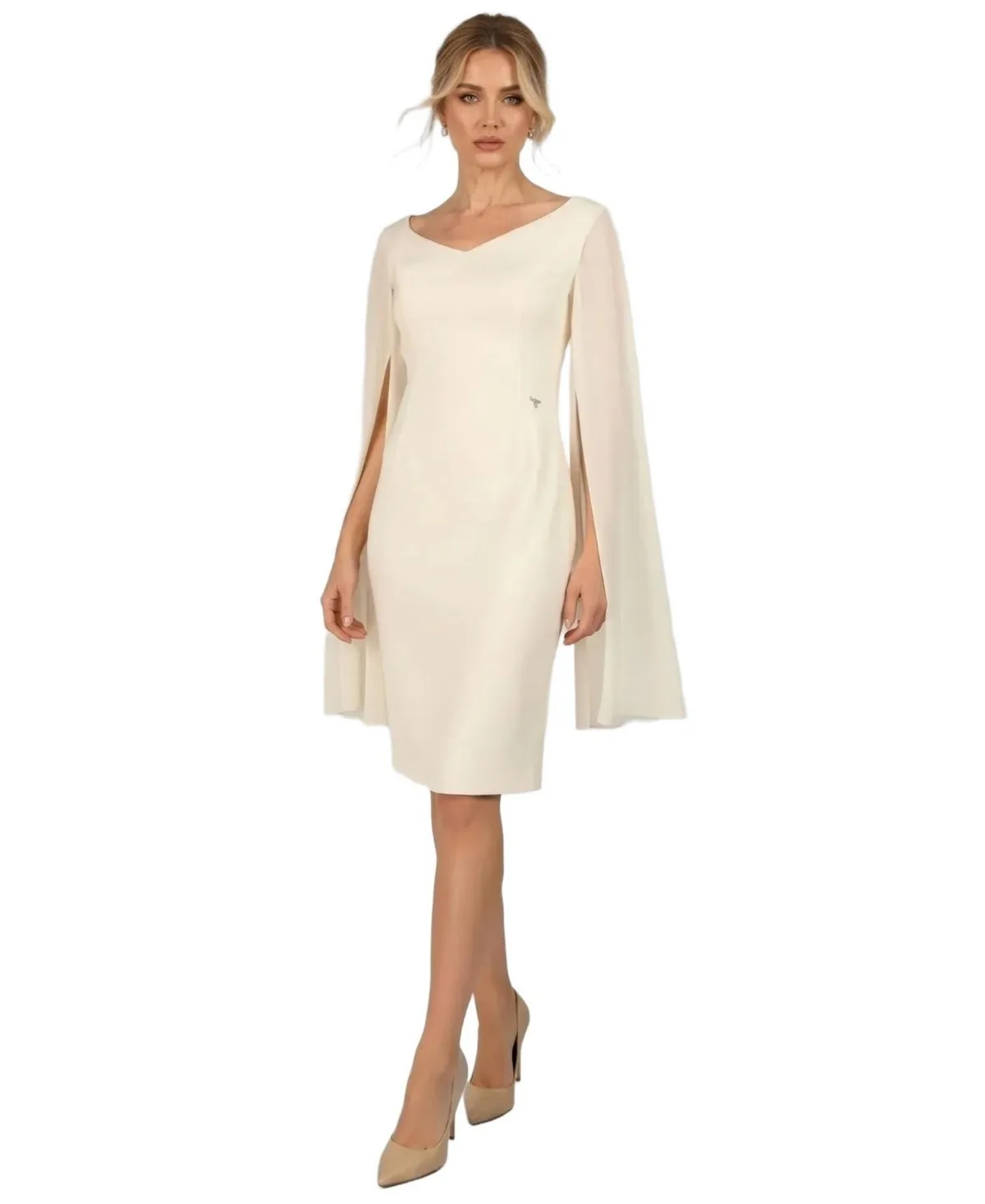 Rebeka V-Neck Sheath Dress with Removable Cape Sleeves by Luna Fashion House