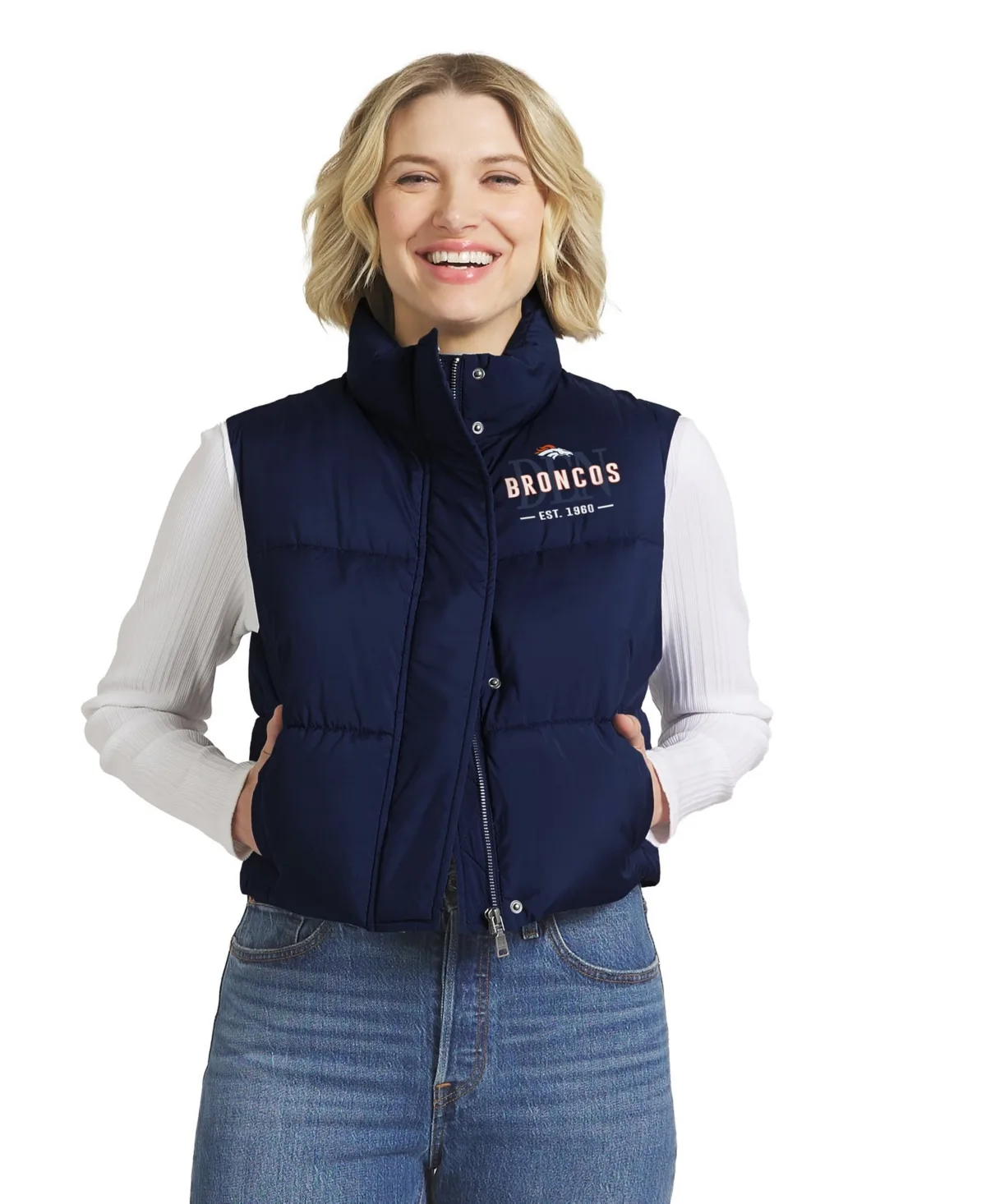 Denver Broncos Cropped Puffer Full-Zip Vest by Wear by Erin Andrews