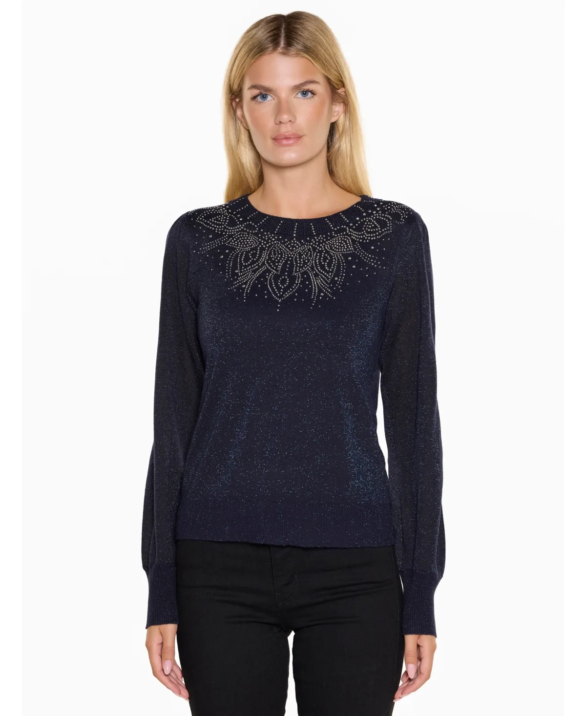 Rhinestone-Embellished Long-Sleeve Crewneck Sweater