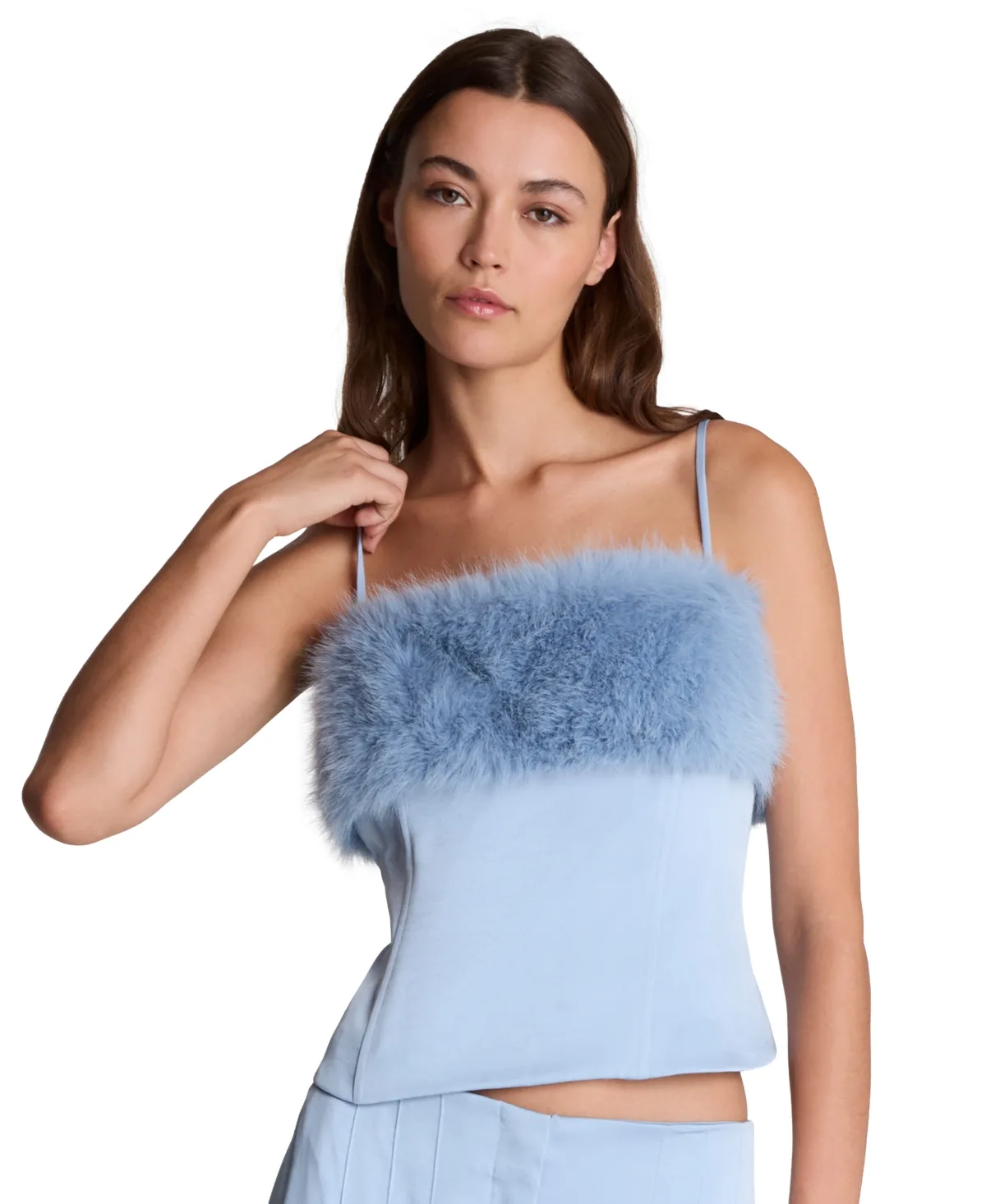 Faux Fur-Panel Square-Neck Satin Bustier by Kenneth Cole