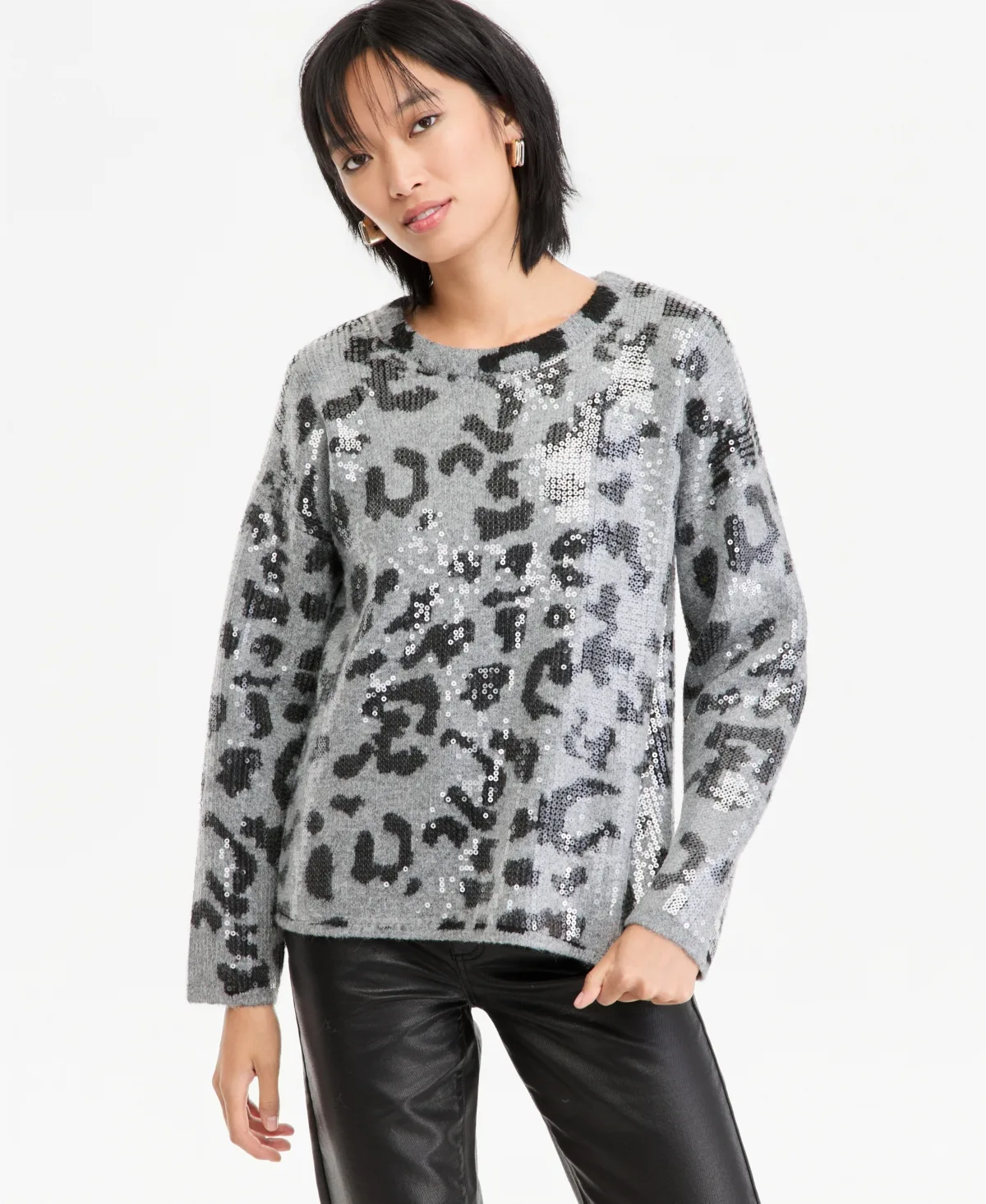 Sequin Animal-Print Crewneck Sweater