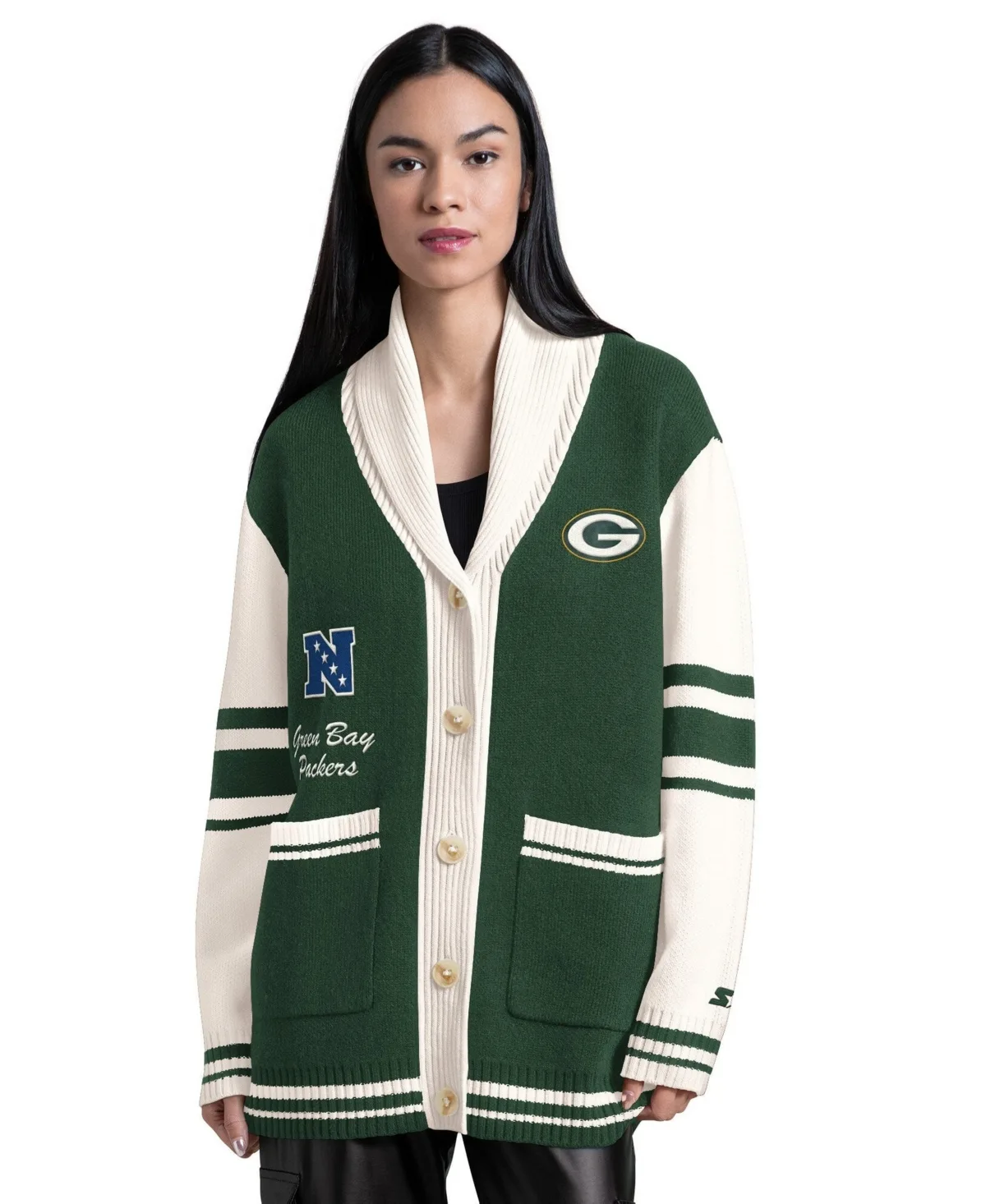Green Bay Packers Strike Zone Shawl-Collar Button-Up Cardigan Sweater
